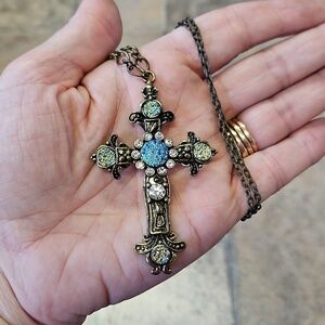 Aged Gold Rhinestone Druzy Cross Necklace